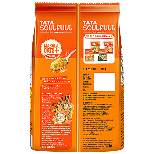 Tata Soulfull Masala Oats+ With 25% Millets, Mast Masala, Non-Sticky, 500 g Pouch