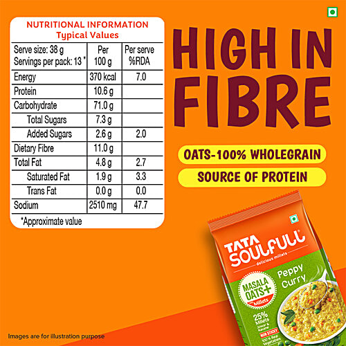Tata Soulfull Masala Oats+ With 25% Millets, Peppy Curry, Non-Sticky, 500 g Pouch 