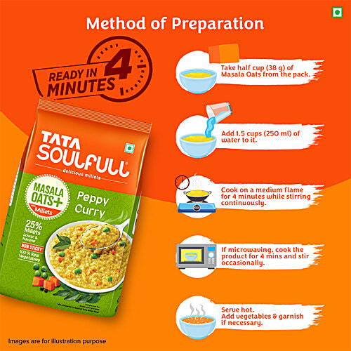 Tata Soulfull Masala Oats+ With 25% Millets, Peppy Curry, Non-Sticky, 500 g Pouch 