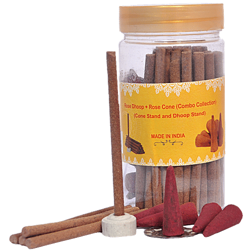 Pooja Sewa Rose Dhoop Sticks & Cones Combo Collection - Natural, Purifies The Environment, 1 pc (30 Sticks + 30 Cones)