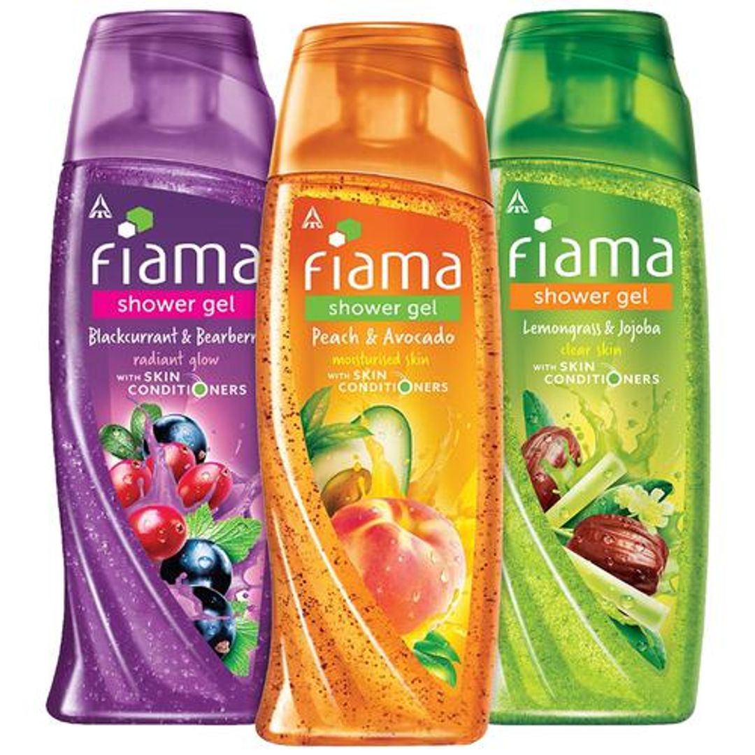 Fiama Shower Gel - With Skin Conditioners, Blackcurrant & Bearberry, Peach & Avocado, Lemongrass & Jojoba, 250 ml (Pack of 3)