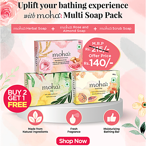 Moha Multi Soap Pack - Herbal, Scrub & Rose & Almond, Moisturising Bathing Bar, 100 g (Buy 2 Get 1 Free)