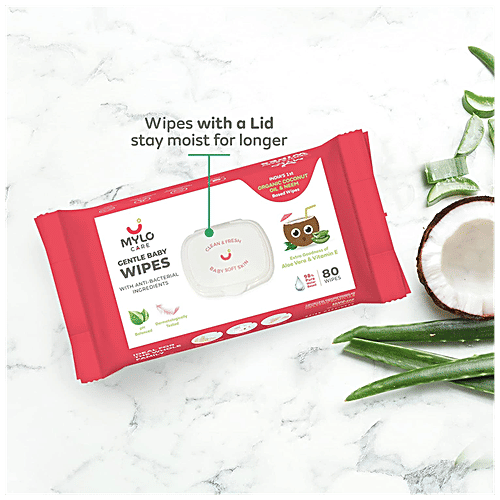 Mylo Care Baby Cleansing Wipes - With Lid, Gentle With 98% Pure Water, Organic Coconut Oil & Neem, 80 pcs (Pack of 6) 