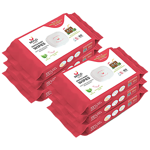 Mylo Care Baby Cleansing Wipes - With Lid, Gentle With 98% Pure Water, Organic Coconut Oil & Neem, 80 pcs (Pack of 6) 