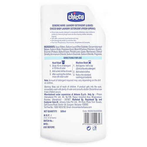 Chicco Sensitive Baby Laundry Detergent - Fresh Spring, Removes Tough Stains & Odour, 500 ml  