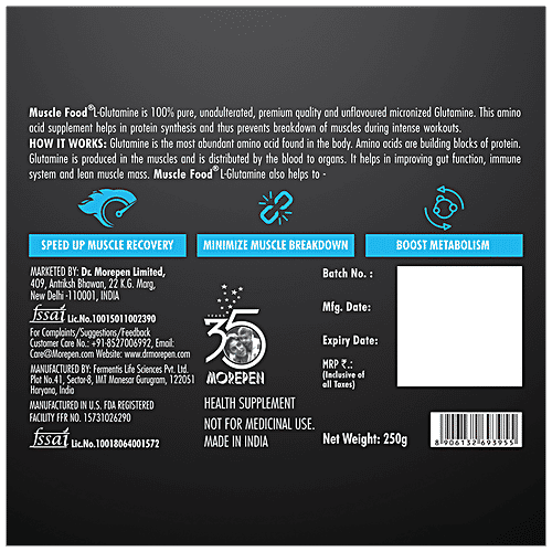 Dr. Morepen Muscle Food L-Glutamine -  Post Workout Muscle Recovery & Growth, Unflavoured, 250 g  