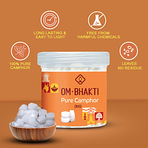 Om Bhakti Pure Camphor - Big, For Puja Purpose, 60 pcs  Leaves No Residue, Longer burning, Pure Camphor