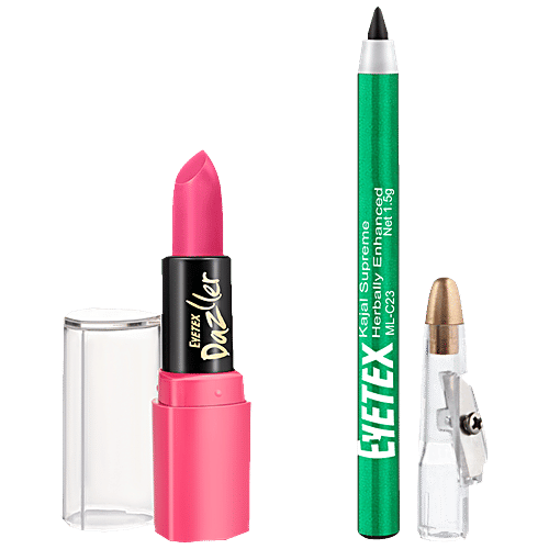 Eyetex Dazller Lipstick & Kajal Combo - Matte Finish, High Colour Payoff, Supreme Kohl Herbally Enhanced, 2 pcs Bright Pink 