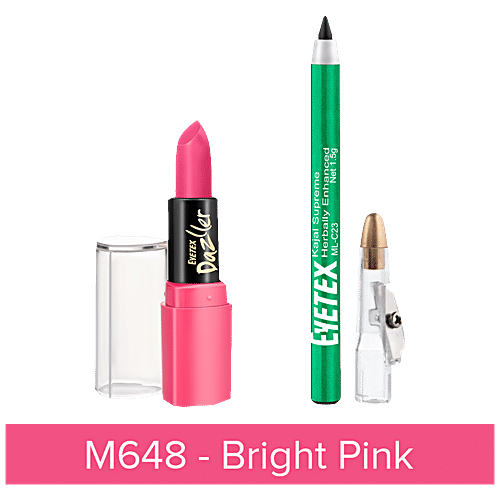 Eyetex Dazller Lipstick & Kajal Combo - Matte Finish, High Colour Payoff, Supreme Kohl Herbally Enhanced, 2 pcs Bright Pink 