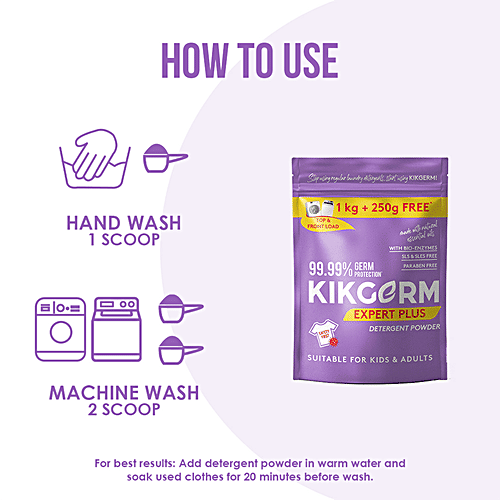 KIKGERM Expert Plus Detergent Powder - SLS, SLES & Paraben Free, Suitable For Kids & Adults, 1 kg (Get 250 g Free) 