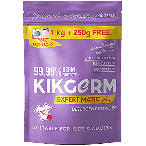 KIKGERM Expert Plus Detergent Powder - SLS, SLES & Paraben Free, Suitable For Kids & Adults, 1 kg (Get 250 g Free) 