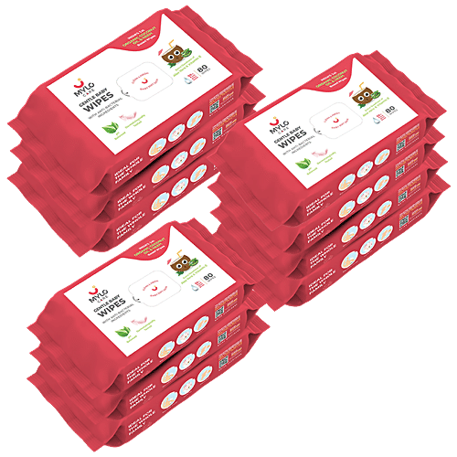 Mylo Care Gentle Baby Wipes - With Organic Coconut Oil & Neem, Cleanse Skin, Removes Makeup, Without Lid, 80 pcs (Pack of 10) 