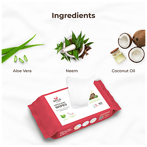 Mylo Care Gentle Baby Wipes - With Organic Coconut Oil & Neem, Cleanse Skin, Removes Makeup, Without Lid, 80 pcs (Pack of 10) 