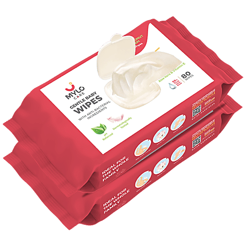 Mylo Care Gentle Baby Wipes - With Organic Coconut Oil & Neem, Cleanse Skin, Removes Makeup, Without Lid, 80 pcs (Pack of 2) 