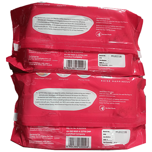 Mylo Care Gentle Baby Wipes - With Organic Coconut Oil & Neem, Cleanse Skin, Removes Makeup, Without Lid, 80 pcs (Pack of 2) 