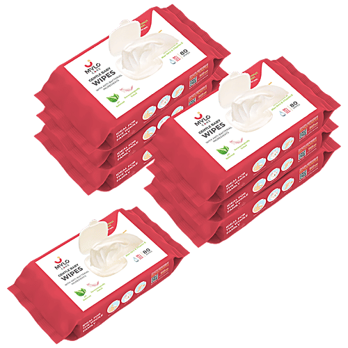 Mylo Care Gentle Baby Wipes - With Organic Coconut Oil & Neem, Cleanse Skin, Removes Makeup, Without Lid, 80 pcs (Pack of 7) 