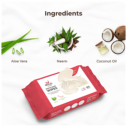 Mylo Care Gentle Baby Wipes - With Organic Coconut Oil & Neem, Cleanse Skin, Removes Makeup, Without Lid, 80 pcs (Pack of 7) 