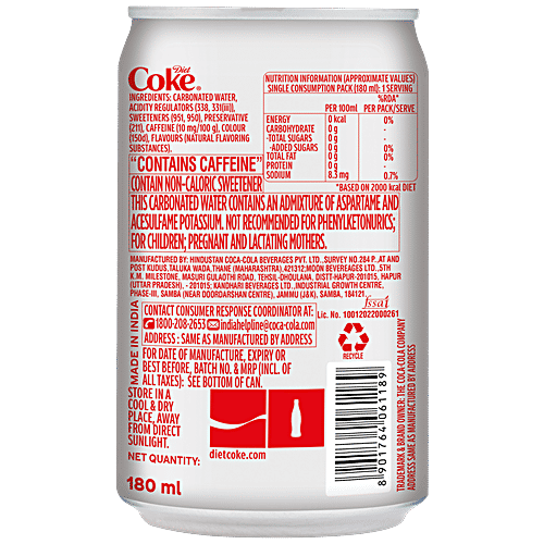 Diet Coke Diet Coke - Soft Drink, Zero Sugar, No Calories, Crisp Taste, 180 ml Can 