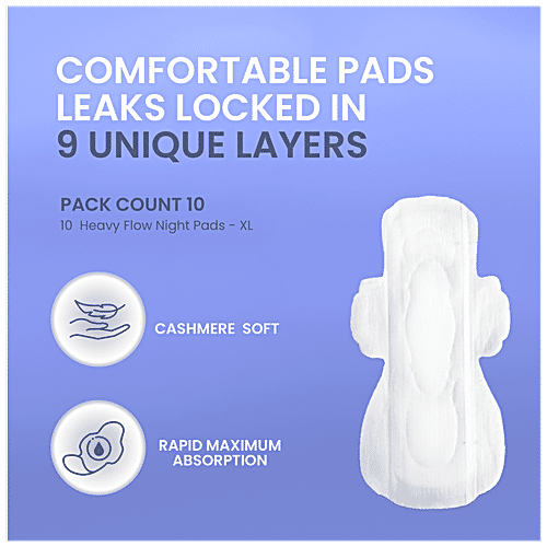 Laiqa Ultra-Soft Heavy Flow Night Sanitary Pads For Women - XL, Made With Natural Fibers, Rash-Free Premium With 4 Wings & 100% Biodegradable Disposal Bags, 10 pcs