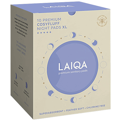 Laiqa Ultra-Soft Heavy Flow Night Sanitary Pads For Women - XL, Made With Natural Fibers, Rash-Free Premium With 4 Wings & 100% Biodegradable Disposal Bags, 10 pcs