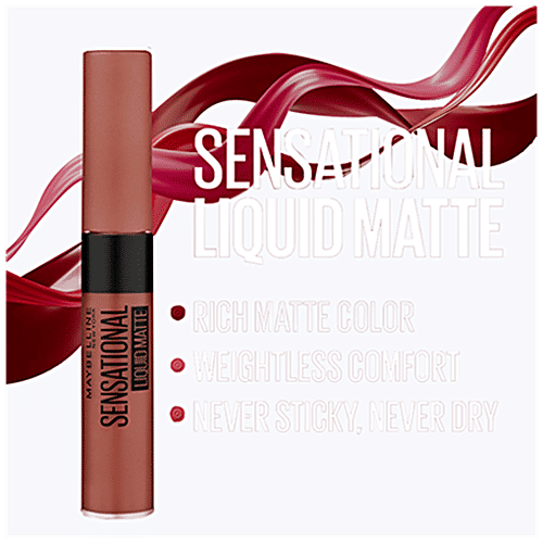 Maybelline New York Sensational Liquid Matte Liquid Lipstick - Intense Colour Effect, Non-Sticky, Non-Cracking, 7 ml NU02 Strip It Off