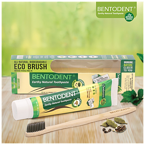 Bentodent Earthy Natural Toothpaste With Bamboo Tooth Brush - Cardamom, Vegan, SLS Free, 100 g