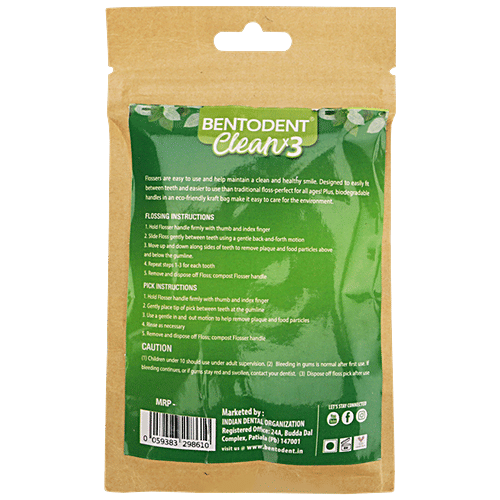 Bentodent Clean X3 Dental Floss Picks - Biodegradable, Prevents Cavities, Removes Plaque, 30 pcs