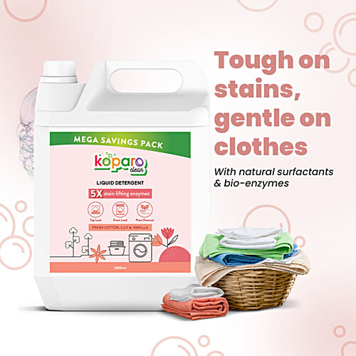 Koparo Clean Laundry Detergent Liquid - Fresh Cotton, Lily & Vanilla, Removes Tough Stains, 5 L  Tough on stains
 Gentle on clothes