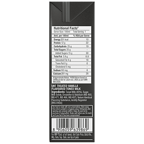 Epigamia  Milkshake -  Vanilla, High Protein, Creamy, Rich Flavour, Good Source Of Calcium & Vitamin A, 180 ml  