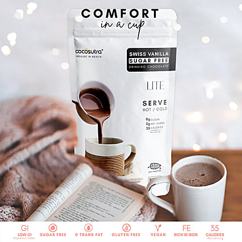 Cocosutra Lite - Sugar Free Drinking Chocolate, Swiss Vanilla, Serve Hot & Cold, With Stevia, Keto Friendly, Makes Smoothies & Shakes, 200 g  Sugar Free
 Keto Friendly
 Serve Hot & Cold