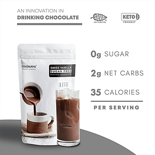Cocosutra Lite - Sugar Free Drinking Chocolate, Swiss Vanilla, Serve Hot & Cold, With Stevia, Keto Friendly, Makes Smoothies & Shakes, 200 g  Sugar Free
 Keto Friendly
 Serve Hot & Cold