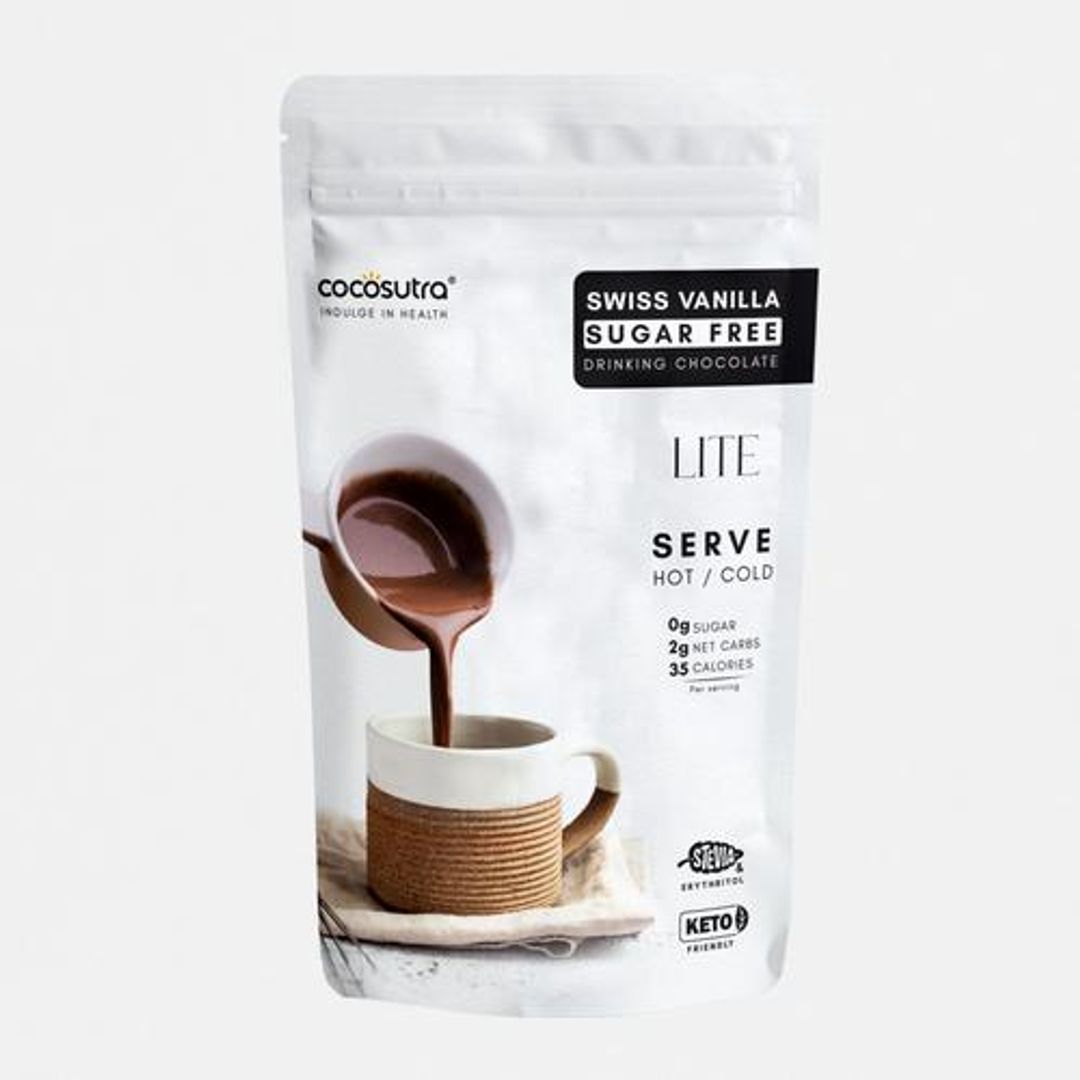 Cocosutra Lite - Sugar Free Drinking Chocolate, Swiss Vanilla, Serve Hot & Cold, With Stevia, Keto Friendly, Makes Smoothies & Shakes, 200 g 