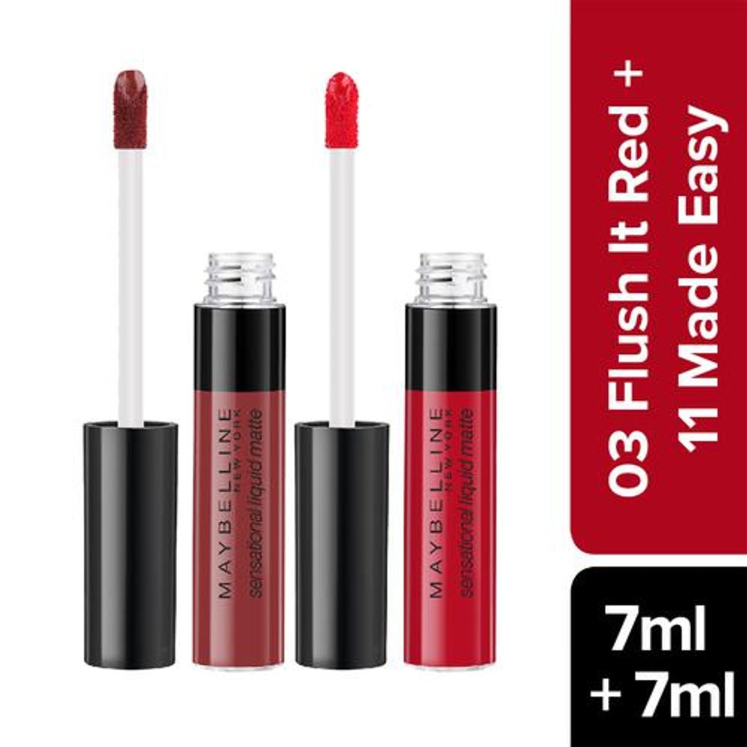 Maybelline New York Sensational Liquid Matte Lip Colour  - 03 Flush It Red +, 7 ml (2 pcs x 7 ml each)