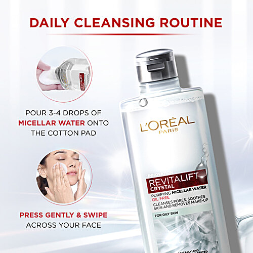 L'Oreal Paris Revitalift Crystal Purifying Micellar Water With Oil-Free Technology, Cleanses Pores & Removes Makeup, 400 ml  
