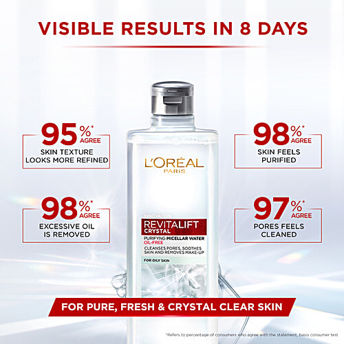 L'Oreal Paris Revitalift Crystal Purifying Micellar Water With Oil-Free Technology, Cleanses Pores & Removes Makeup, 400 ml  