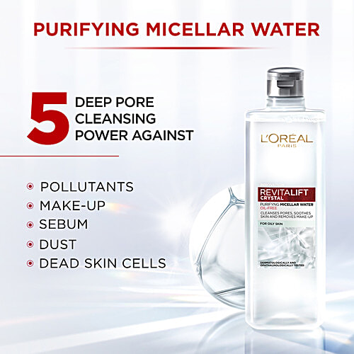 L'Oreal Paris Revitalift Crystal Purifying Micellar Water With Oil-Free Technology, Cleanses Pores & Removes Makeup, 400 ml  