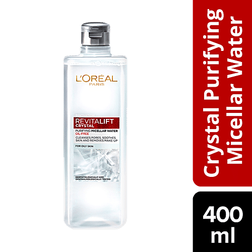 L'Oreal Paris Revitalift Crystal Purifying Micellar Water With Oil-Free Technology, Cleanses Pores & Removes Makeup, 400 ml  