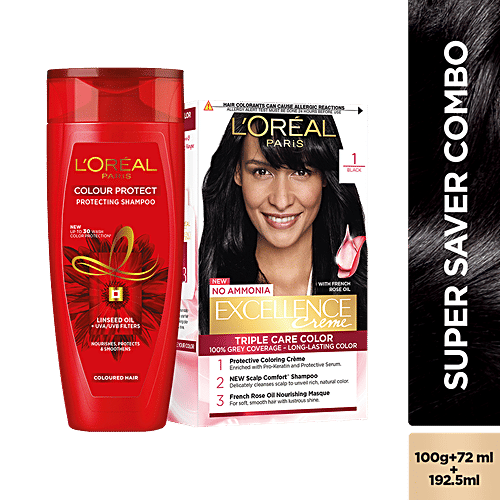 L'Oreal Paris Excellence Creme Triple Hair Color, Shade 1 - Black + Colour Protect Shampoo That Nourishes, Protects & Smoothens, 2 pcs (100 g + 72 ml + 192.5 ml) 