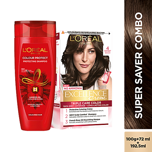 L'Oreal Paris Excellence Creme Hair Colour, Shade 4 - Dark Brown + Colour Protect Shampoo That Nourishes, Protects & Smoothens, 2 pcs (100 g + 72 ml + 192.5 ml)