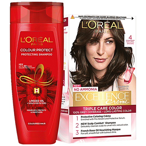 L'Oreal Paris Excellence Creme Hair Colour, Shade 4 - Dark Brown + Colour Protect Shampoo That Nourishes, Protects & Smoothens, 2 pcs (100 g + 72 ml + 192.5 ml)
