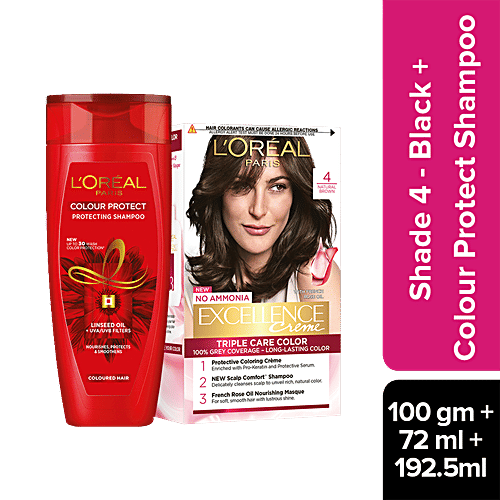 L'Oreal Paris Excellence Creme Hair Colour, Shade 4 - Dark Brown + Colour Protect Shampoo That Nourishes, Protects & Smoothens, 2 pcs (100 g + 72 ml + 192.5 ml)