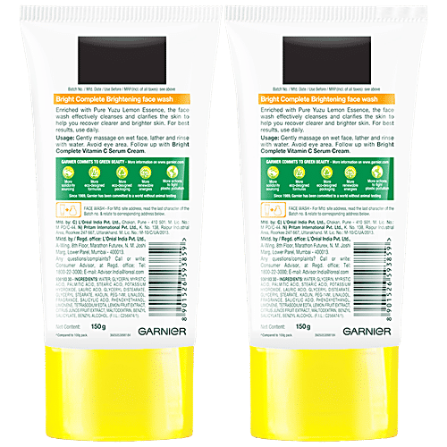 Garnier Bright Complete Vitamin C Facewash - Reduces Dullness, Lemon Essence, 150 g (Pack of 2) 