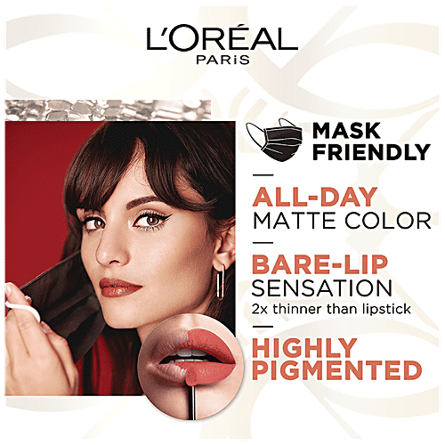 L'Oreal Paris Rouge Signature All Day Matte Liquid Lipstick - Elie Saab 129 I Mask Friendly, 7.6 ml Lead