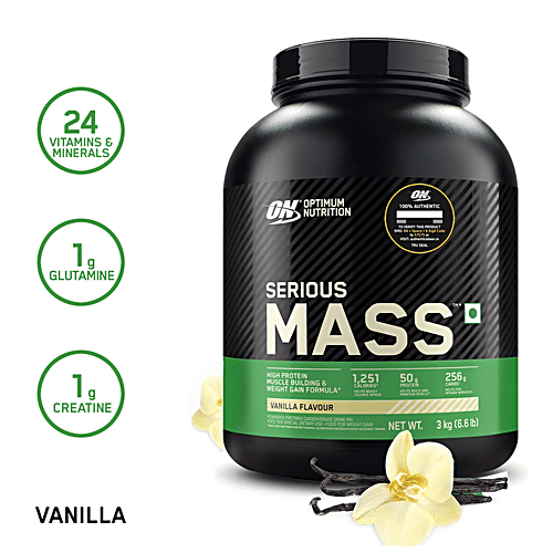 Optimum Nutrition Serious Mass Weight Gainer Powder - Vanilla, High Protein & Calories, Vitamins & Minerals Rich, Vegetarian, 3 kg 0.003 Kg 