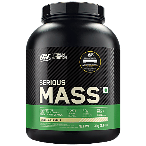Optimum Nutrition Serious Mass Weight Gainer Powder - Vanilla, High Protein & Calories, Vitamins & Minerals Rich, Vegetarian, 3 kg 0.003 Kg 