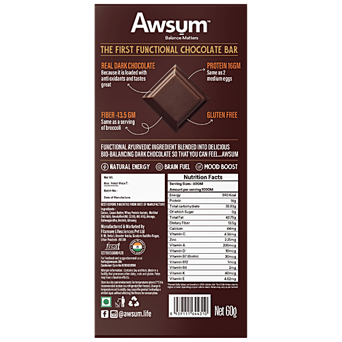 Awsum Zesty Orange Chocolate Bar - Zero Added Sugar, High Protein, 60% Rich Dark Cocoa, Natural, Diabetic Friendly, 60 g