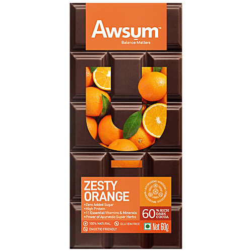 Awsum Zesty Orange Chocolate Bar - Zero Added Sugar, High Protein, 60% Rich Dark Cocoa, Natural, Diabetic Friendly, 60 g