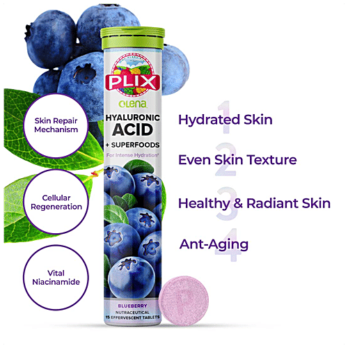 Plix Hyaluronic Acid + Superfoods Effervescent Tablets - Blueberry, Fine Lines/Wrinkles, Intense Hydration, 60 g (15 pcs)