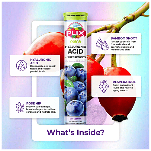 Plix Hyaluronic Acid + Superfoods Effervescent Tablets - Blueberry, Fine Lines/Wrinkles, Intense Hydration, 60 g (15 pcs)