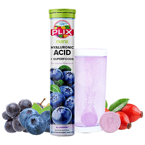 Plix Hyaluronic Acid + Superfoods Effervescent Tablets - Blueberry, Fine Lines/Wrinkles, Intense Hydration, 60 g (15 pcs)